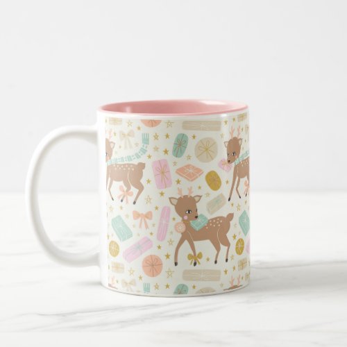 Festive Cream Vintage Reindeer Illustration Two_Tone Coffee Mug