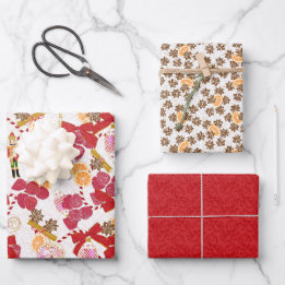Festive Crimson Red Illustrated Spiced Nutcracker Wrapping Paper Sheets