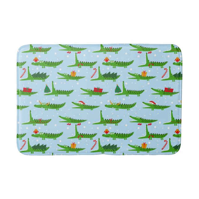 Festive Crocodiles in Christmas Costumes Pattern Bath Mat (Front)