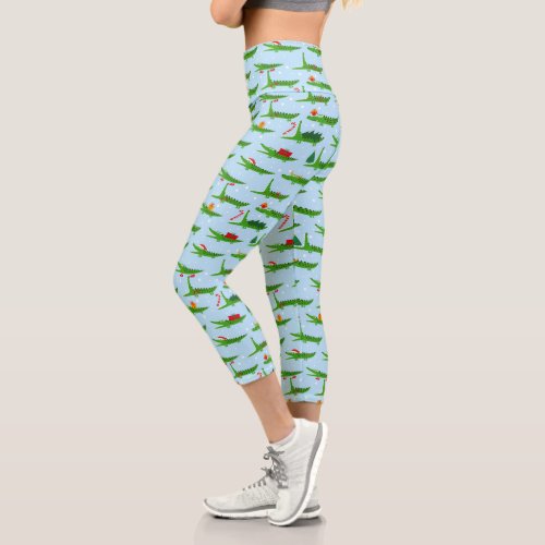 Festive Crocodiles in Christmas Costumes Pattern Capri Leggings