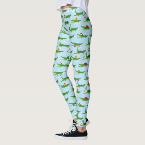 Festive Crocodiles in Christmas Costumes Pattern Leggings