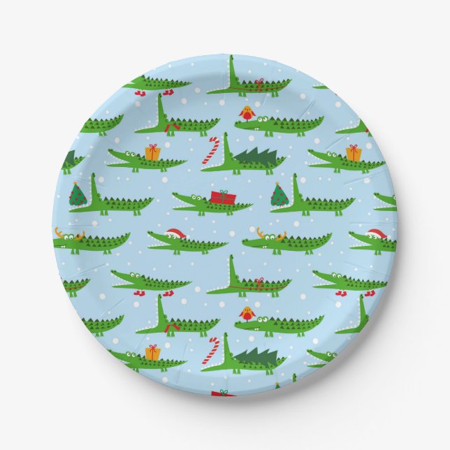Festive Crocodiles in Christmas Costumes Pattern Paper Plates (Front)