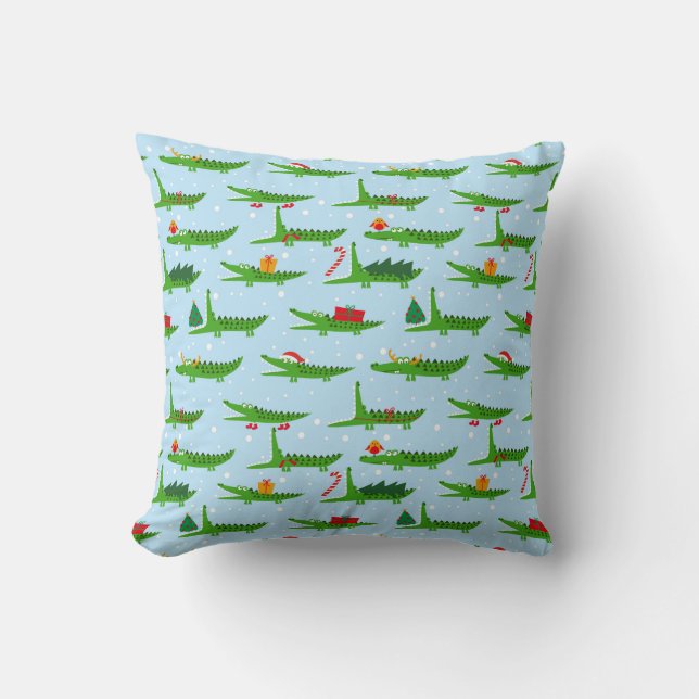 Festive Crocodiles in Christmas Costumes Pattern Throw Pillow (Front)