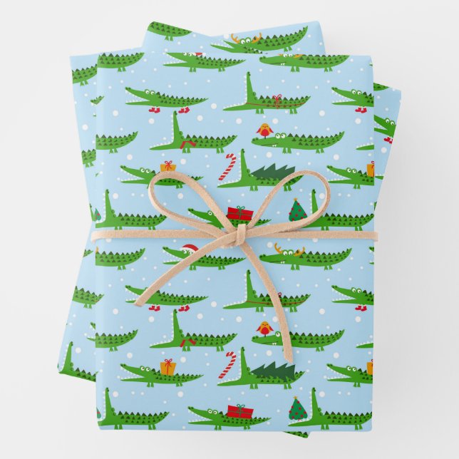 Festive Crocodiles in Christmas Costumes Pattern Wrapping Paper Sheets (In situ)