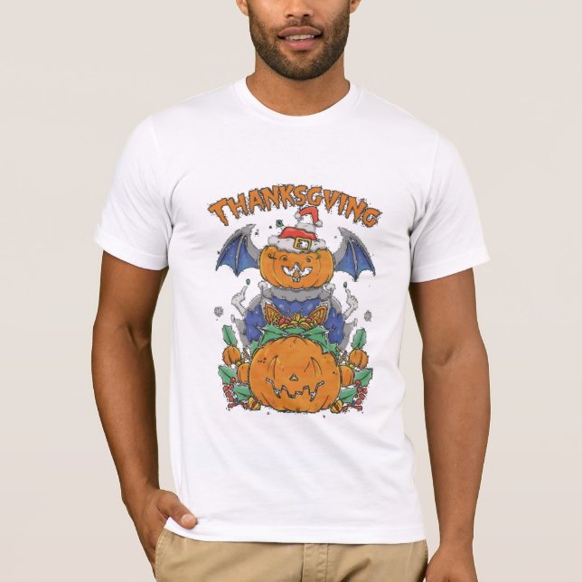 "Festive Crossover: Happy Halloween & Thanksgiving T-Shirt (Front)