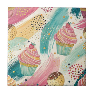 Festive Cupcake & Brushstroke Celebration Pattern Ceramic Tile