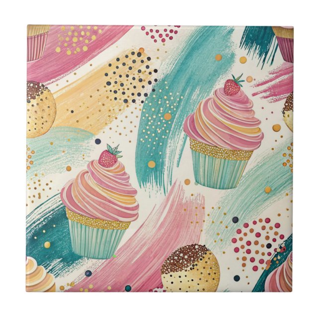 Festive Cupcake & Brushstroke Celebration Pattern Ceramic Tile (Front)