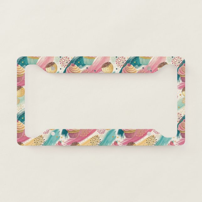 Festive Cupcake & Brushstroke Celebration Pattern License Plate Frame (Front)