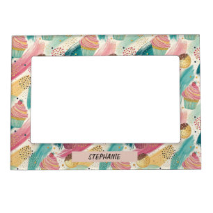 Festive Cupcake & Brushstroke Celebration Pattern Magnetic Frame