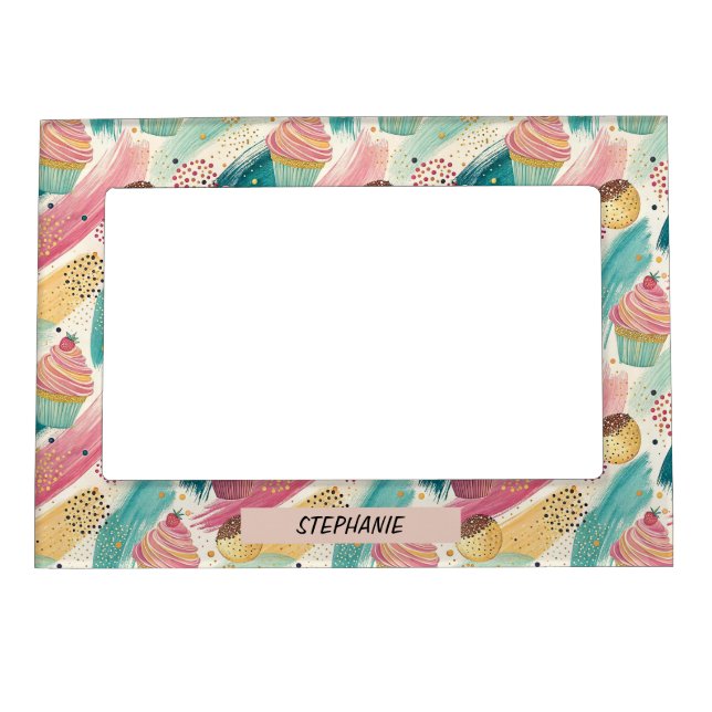 Festive Cupcake & Brushstroke Celebration Pattern Magnetic Frame (Front)