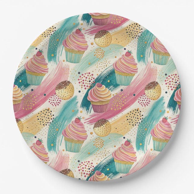 Festive Cupcake & Brushstroke Celebration Pattern Paper Plates (Front)