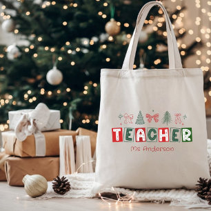 Festive Custom Coquette Christmas Teacher Tote Bag