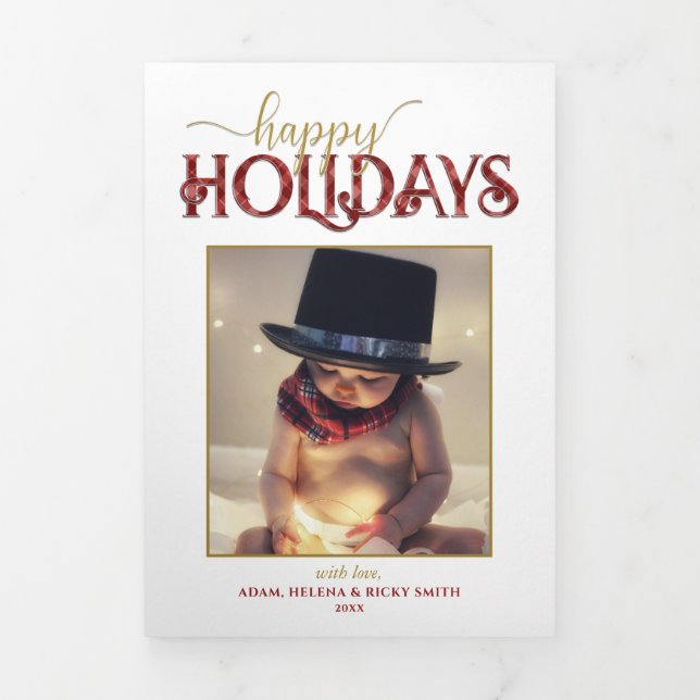 Festive Custom Happy Holidays Typography Photo Tri-Fold Card (Cover)
