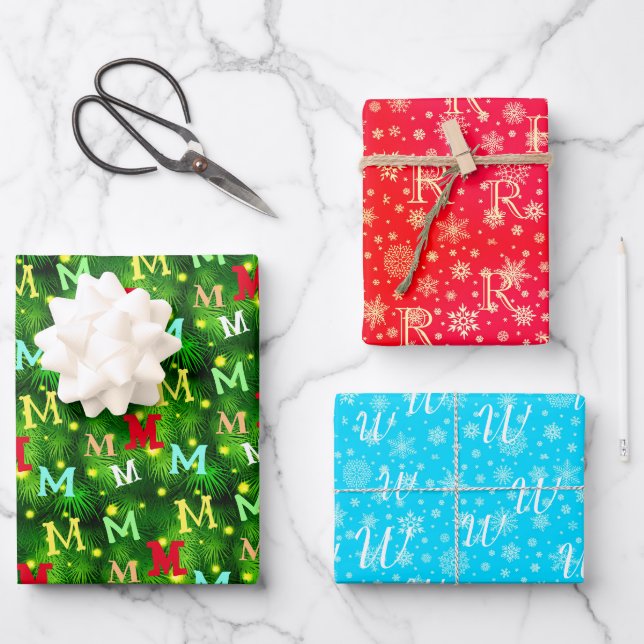 Festive custom monogram for your gift receivers wrapping paper sheets (Front)