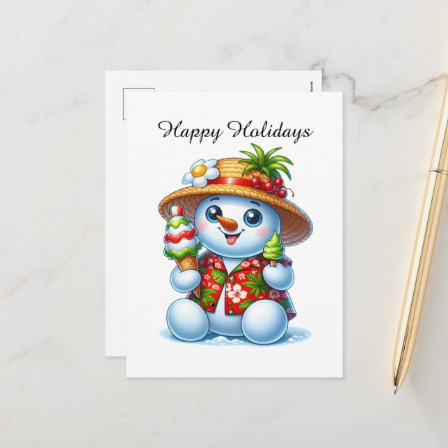 Festive customizable beach Snowman  Holiday Postcard (Front/Back In Situ)
