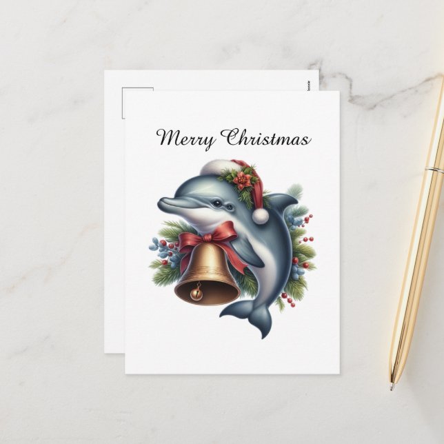 Festive customizable dolphin Merry Christmas Holiday Postcard (Front/Back In Situ)