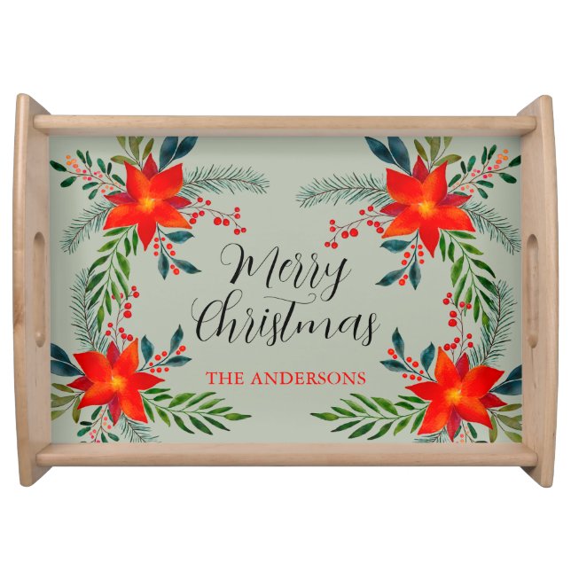 Festive Customized Red Poinsettia Merry Christmas Serving Tray (Front)