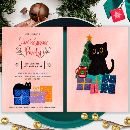 Festive Cute Black Cat Coffee Pink Christmas Party Holiday Card