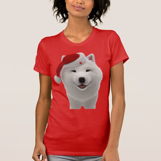 Festive Cute Cartoon Style Samoyed Dog With Santa  T-Shirt (Front)