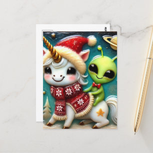 Festive Cute Christmas Alien and Unicorn Postcard