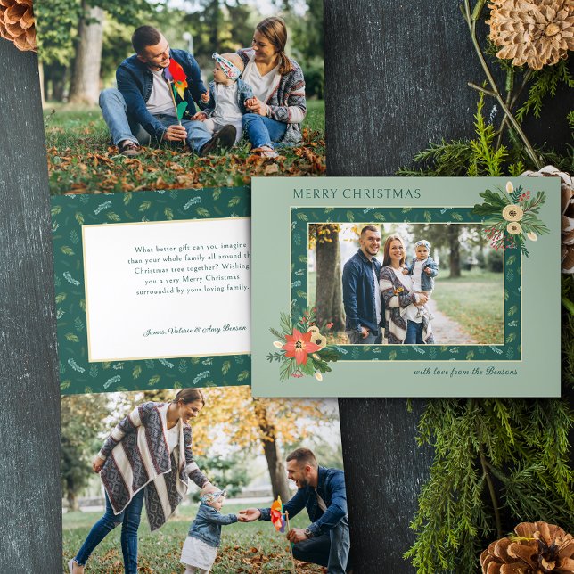 Festive Cute Christmas Floral 1 Photo  Tri-Fold Holiday Card (Creator Uploaded)