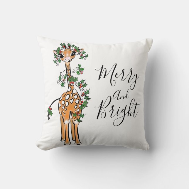 Festive cute Christmas giraffe red green garland  Throw Pillow (Front)