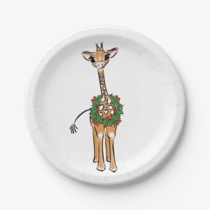 Festive cute Christmas Giraffe red green wreath Paper Plates