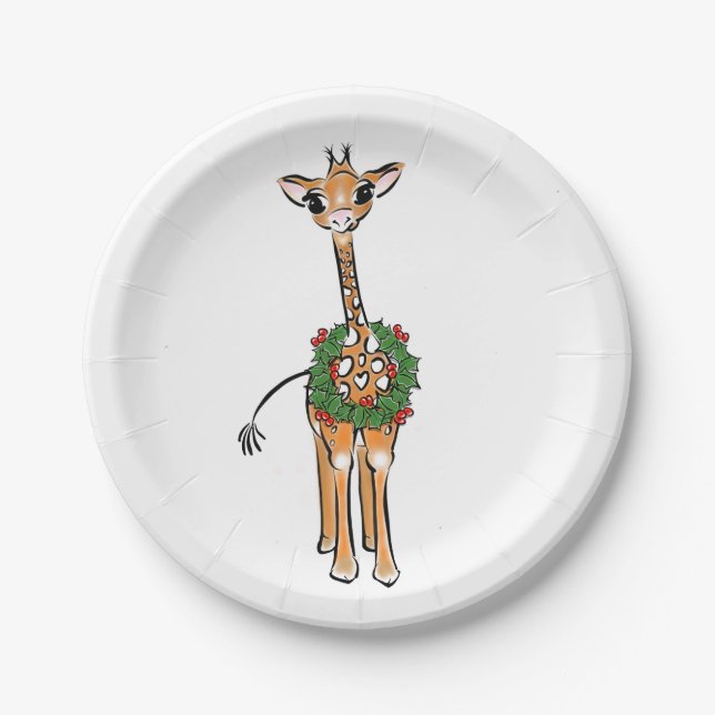 Festive cute Christmas Giraffe red green wreath   Paper Plates (Front)