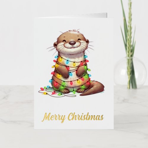 Festive Cute Christmas Otter Wrapped in Lights Foil Greeting Card