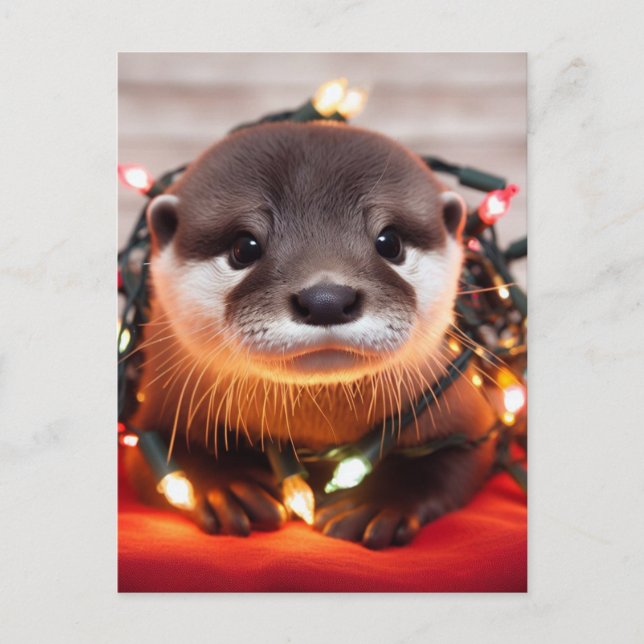 Festive Cute Christmas Otter Wrapped in Lights Postcard (Front)