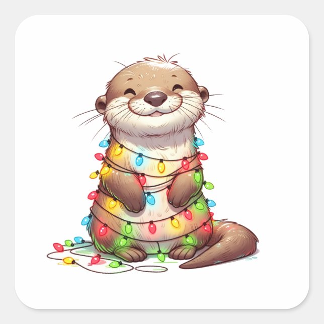 Festive Cute Christmas Otter Wrapped in Lights Square Sticker (Front)