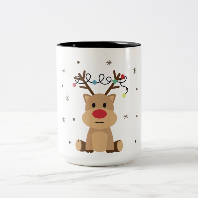 Festive Cute Christmas Reindeer Two-Tone Coffee Mug (Center)