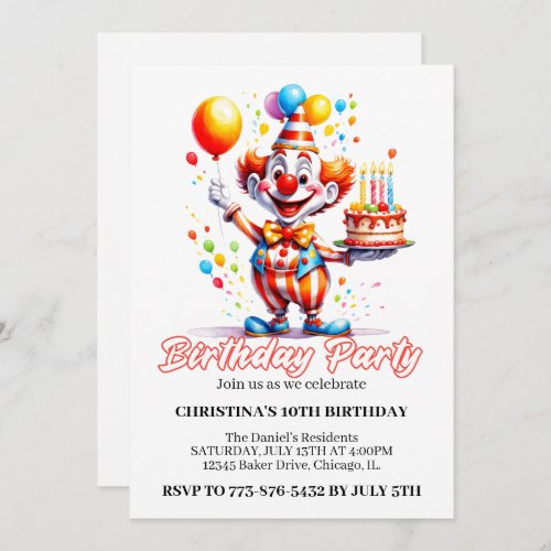 Festive Cute Clown Watercolor Birthday Party Invitation