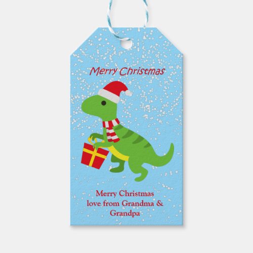 Festive Cute Dinosaur TRex Blue Kids Gift Tags