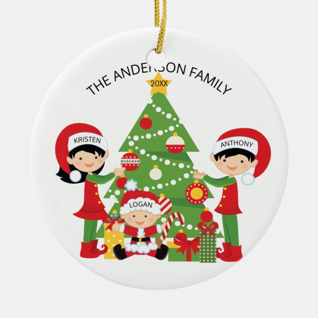 Festive Cute Family of 3 Personalized Christmas Ceramic Ornament (Front)