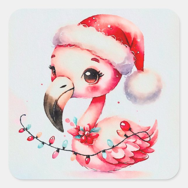 Festive Cute Flamingo Wrapoed in Christmas Lights Square Sticker (Front)