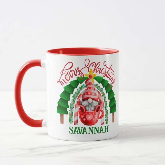 Festive Cute Gnome Merry Christmas Tree Rainbow  Mug (Left)