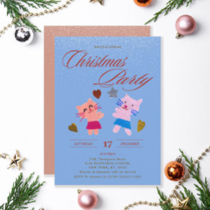 Festive Cute Kittens Blue Christmas Party Invitation