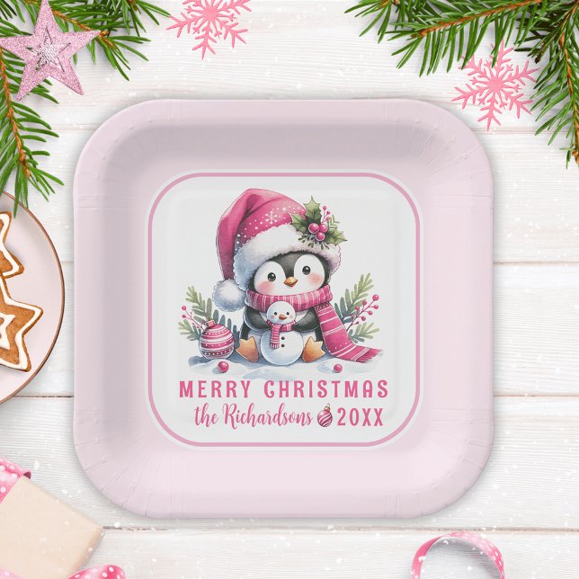 Festive Cute Penguin Pink Custom Merry Christmas Paper Plates (Creator Uploaded)