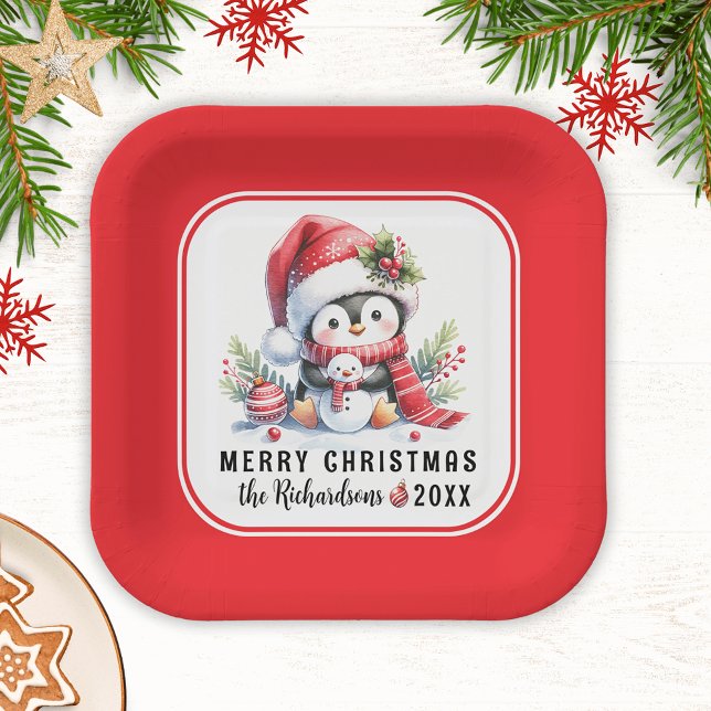 Festive Cute Penguin Red White Merry Christmas Paper Plates (Creator Uploaded)