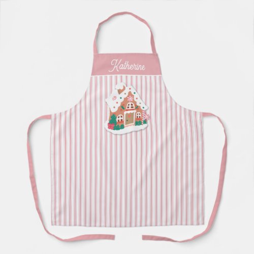 Festive Cute Pink Gingerbread House Stripe Name Apron