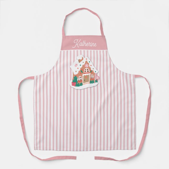 Festive Cute Pink Gingerbread House Stripe Name Apron (Front)