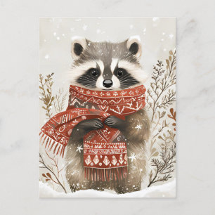Festive cute Racoon Christmas Greeting Postcard