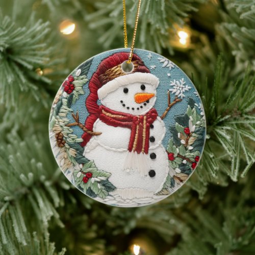 Festive Cute Snowman Christmas Holidays Embroidery Ceramic Ornament