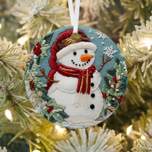 Festive Cute Snowman Christmas Holidays Embroidery Metal Ornament