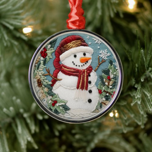 Festive Cute Snowman Christmas Holidays Embroidery Metal Ornament