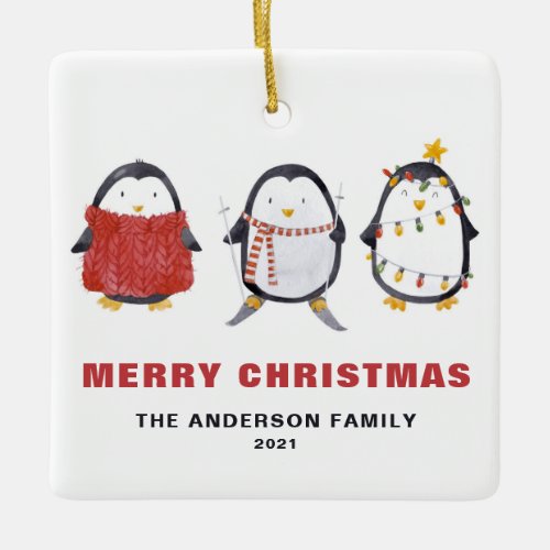 Festive Cute Watercolor Penguins Christmas Photo Ceramic Ornament