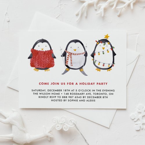 Festive Cute Watercolor Penguins Holiday Party Invitation