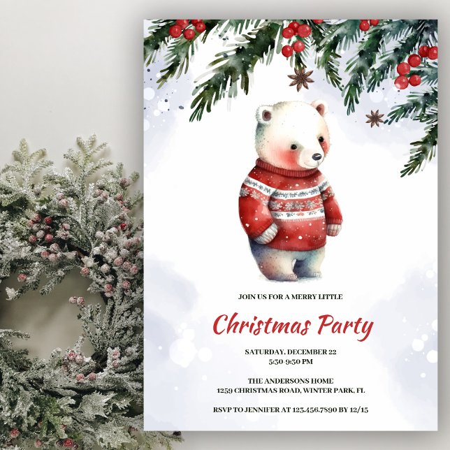 Festive Cute Watercolor White Bear Christmas Party Invitation (Creator Uploaded)