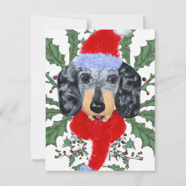 Festive Dachshund in a Wreath Christmas Card (Front)